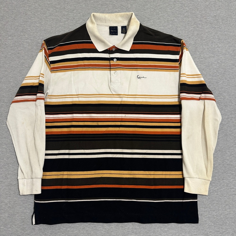 Karl Kani Gold Striped Long Sleeve Polo Waffle Sleeve Earth Tones Mens 3X - Picture 1 of 12